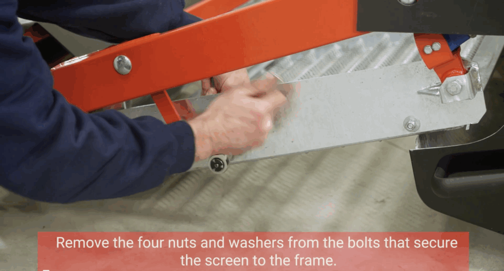 #1 Remove the four nuts and washers from the bolts that secure the screen to the frame.