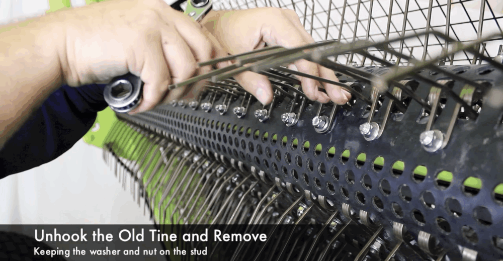 #9 Unhook the old tine and remove, keeping the washer and nut on the stud.
